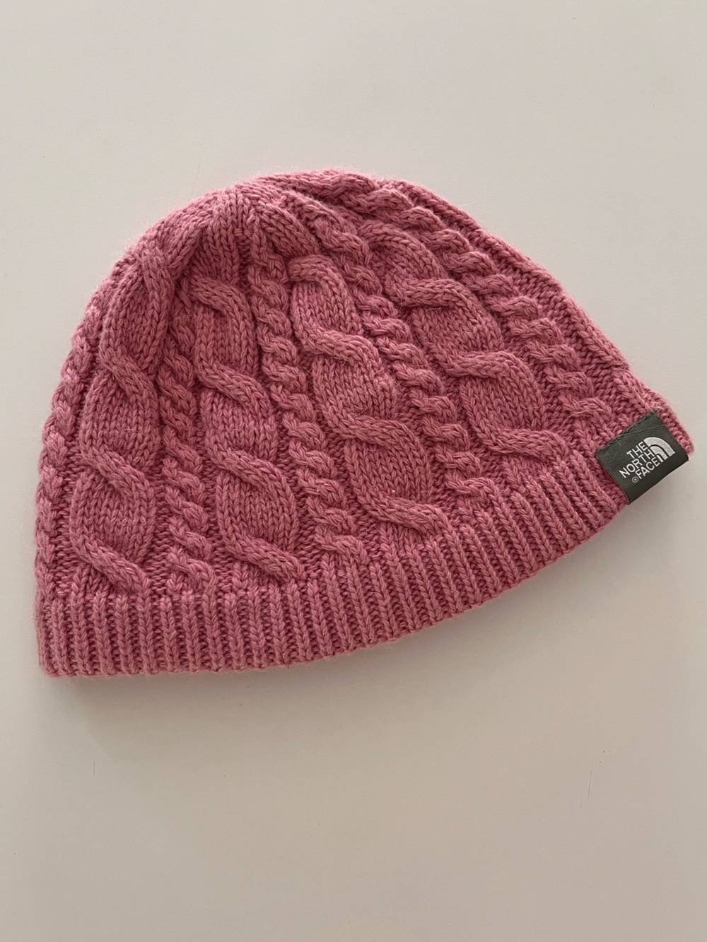The North Face Pink Cable Knit Beanie- Wool with Fleece Lining. Like New.